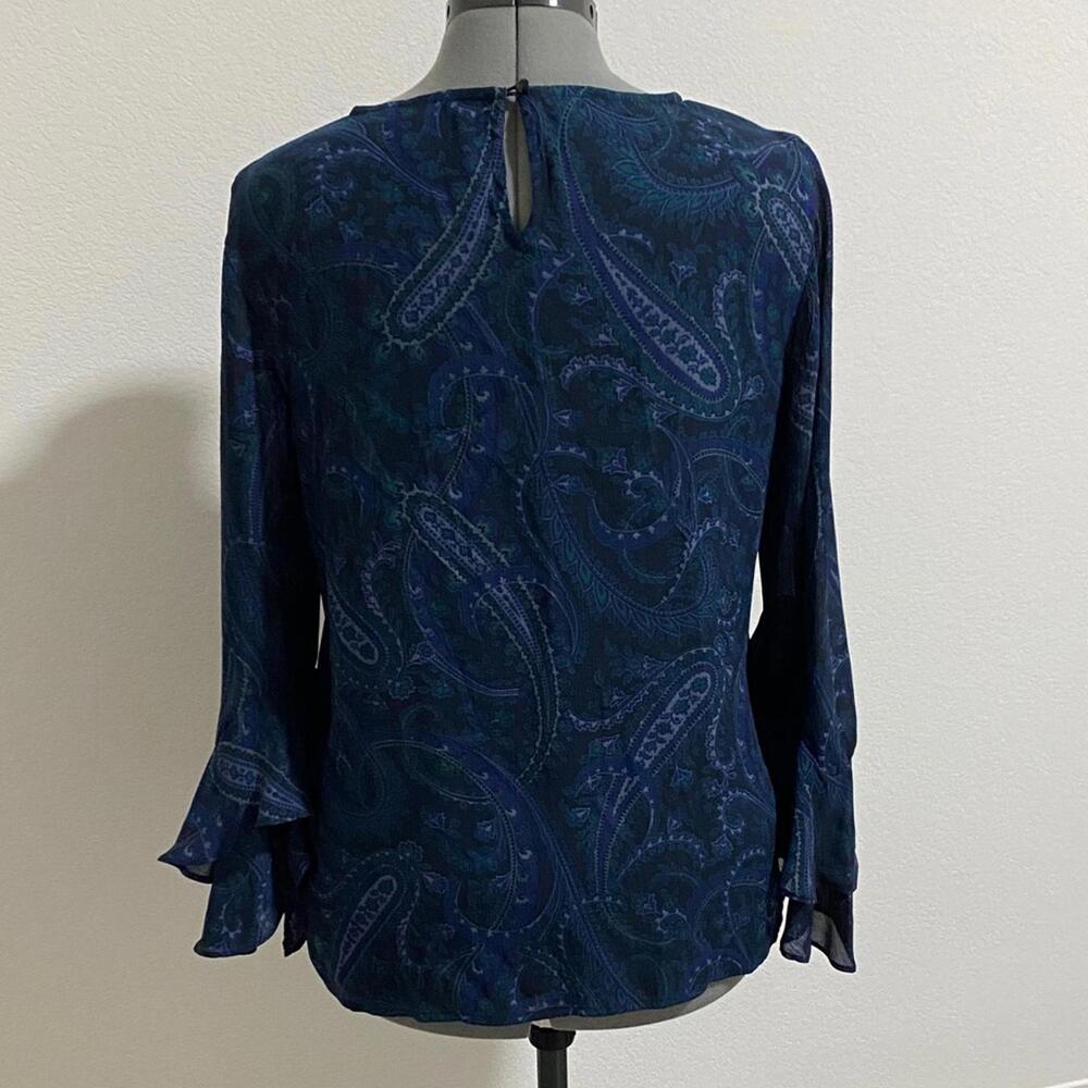 Chaps Women's Blouse Medium Ruffle Bell Sleeves Boho Blue Paisley Top - Picture 2 of 6